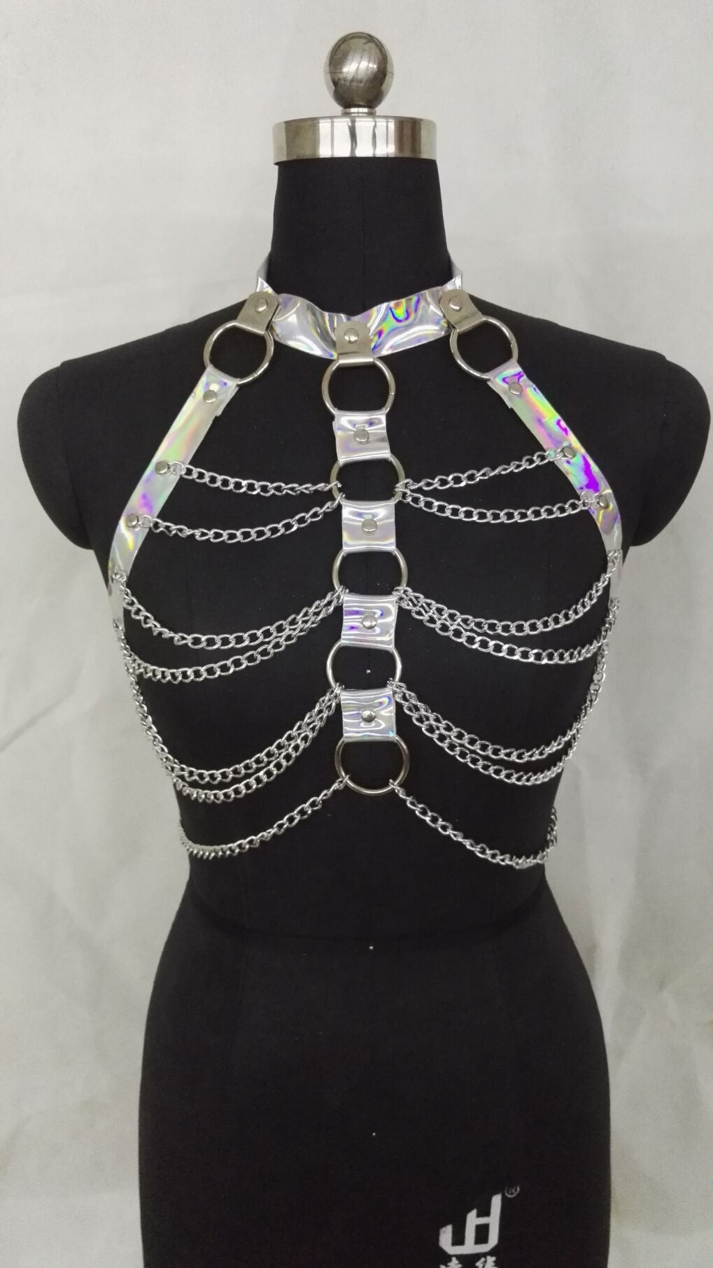 Women Halter Color Body Harness  Party Chain Belt Festival Rave Costume Clubwear Holographic Belt Pastel Goth Top