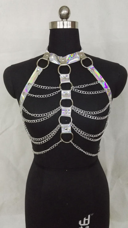 Frauen Neckholder Farbe Körper Harness Party Kette Gürtel Festival Rave Kostüm Clubwear Holographische Gürtel Pastell Goth Top