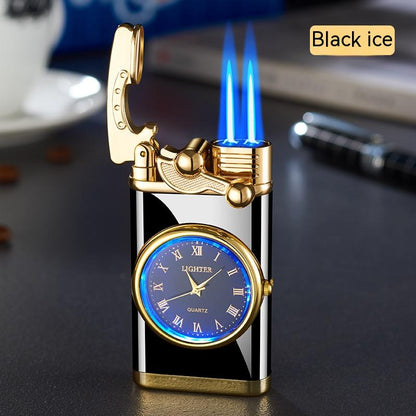 Nuevo encendedor con reloj eléctrico Brazo basculante Encendido automático Encendedor de llama azul recto Esfera real creativa Encendedor inflable a prueba de viento Reloj para hombres Regalo