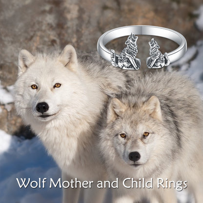 Sterling Silber Wolf Ringe Mutter und Kind Offene Ringe mit verstellbarer Größe