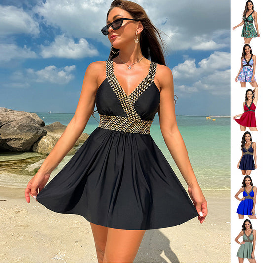 Vestido de traje de baño estampado con cuello en V, Bikini de vacaciones en la playa de verano, ropa de mujer a la moda