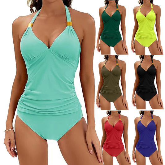 2 stücke Einfarbig Neckholder Bikini Strand Mode Sexy V-ausschnitt Badeanzug Sommer Damen Kleidung