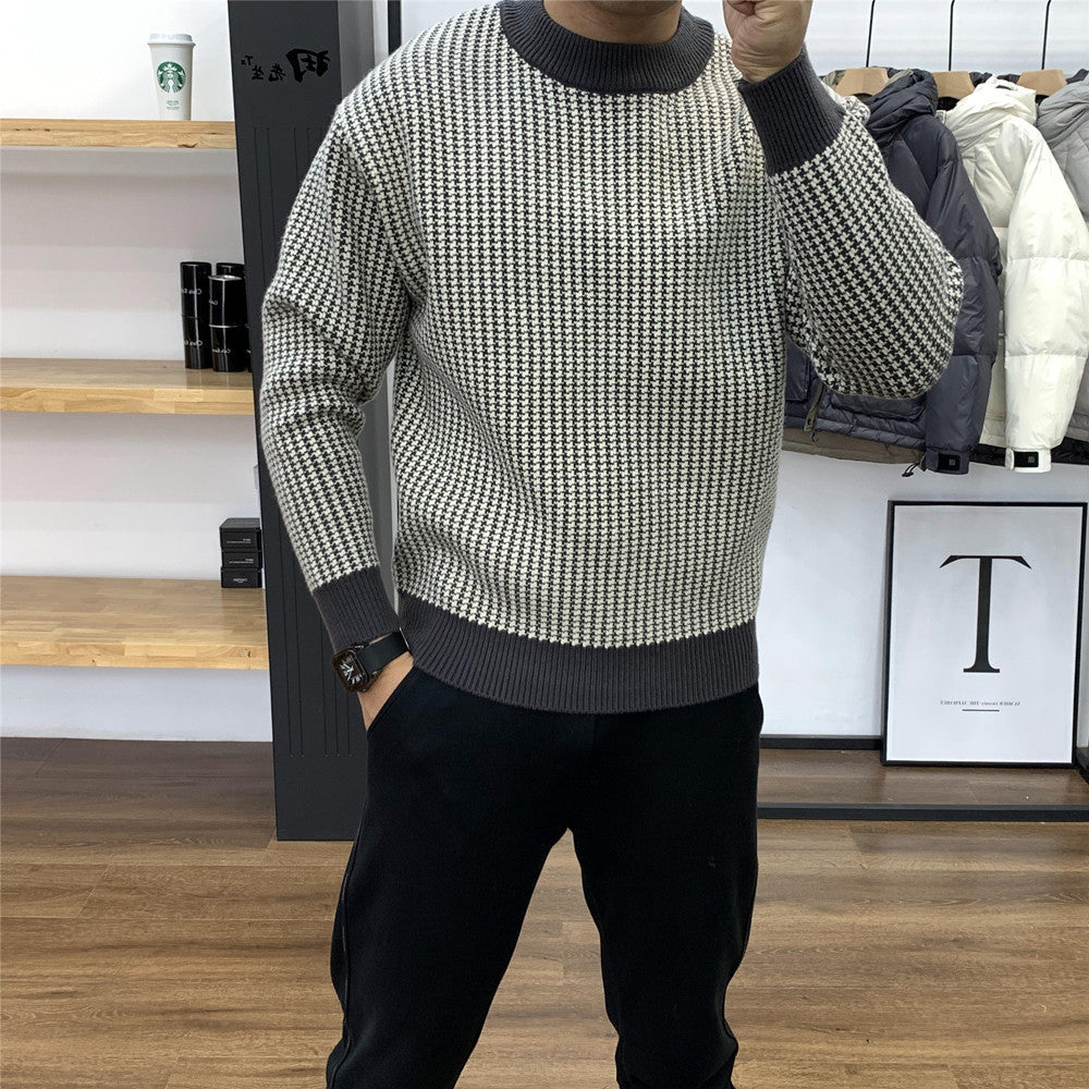 Round Neck Base Slim Fit Pullover Thick Plaid Sweater