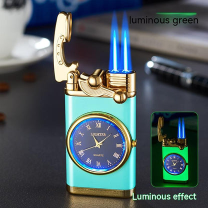 Nuevo encendedor con reloj eléctrico Brazo basculante Encendido automático Encendedor de llama azul recto Esfera real creativa Encendedor inflable a prueba de viento Reloj para hombres Regalo