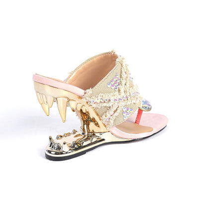 Rhinestone Round Toe Clip Toe Slip-on Metal Teeth Profiled Heel Women's High Heel Plus Size Shoes