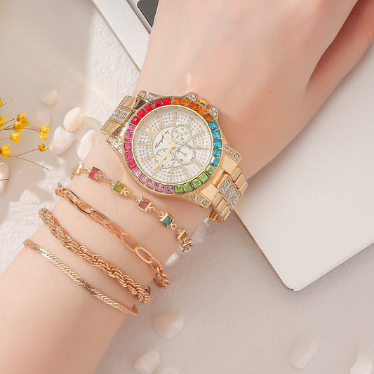 Damen-Business-Armbanduhr mit Stahlgürtel, eingelegter farbiger Diamant, spezielles Zifferblatt, All-Match-Anzug-Quarzuhr
