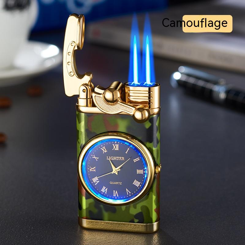 Nuevo encendedor con reloj eléctrico Brazo basculante Encendido automático Encendedor de llama azul recto Esfera real creativa Encendedor inflable a prueba de viento Reloj para hombres Regalo