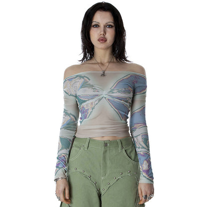 Women's Printed Long Sleeve Mesh Transparent Top