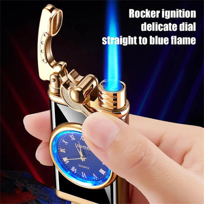 Nuevo encendedor con reloj eléctrico Brazo basculante Encendido automático Encendedor de llama azul recto Esfera real creativa Encendedor inflable a prueba de viento Reloj para hombres Regalo