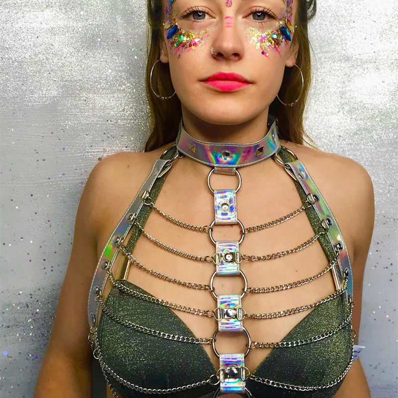 Frauen Neckholder Farbe Körper Harness Party Kette Gürtel Festival Rave Kostüm Clubwear Holographische Gürtel Pastell Goth Top