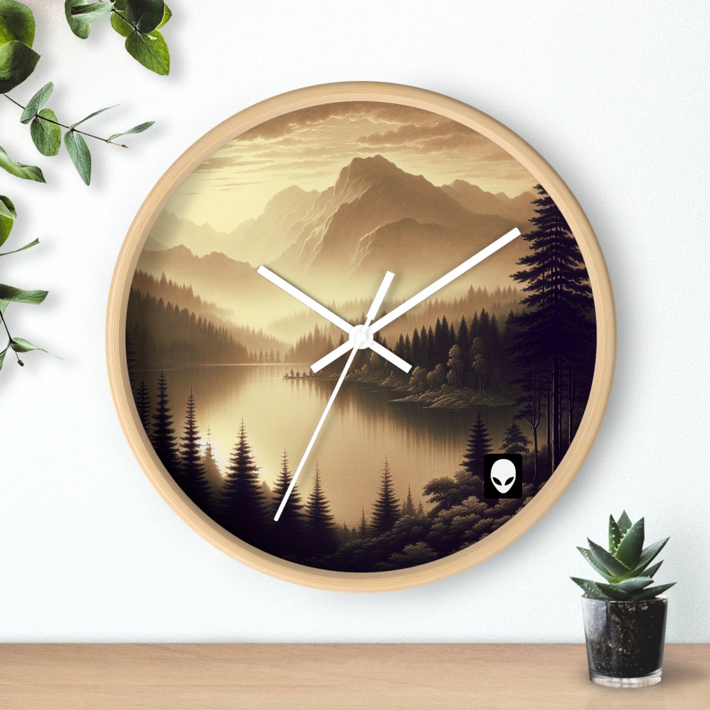 "Amanecer en el lago: Una mañana de montaña con niebla" - El estilo tonalista del reloj de pared alienígena