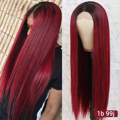 Wig Female Long Straight Hair Wine Red Europe and America