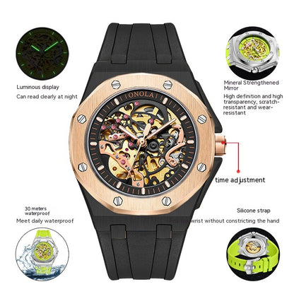 Reloj mecánico automático hueco luminoso impermeable con cinta