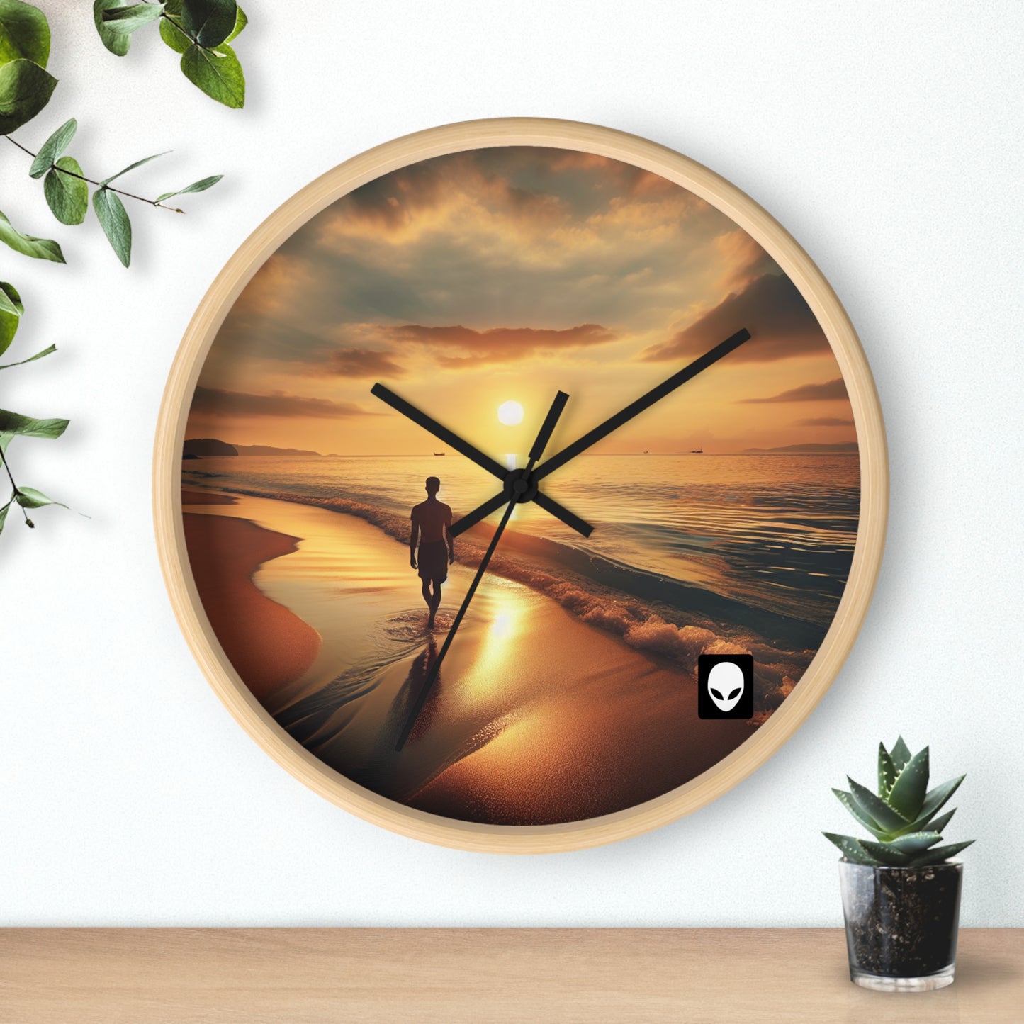 "Un paseo por la playa al atardecer" - El reloj de pared alienígena estilo fotorrealismo