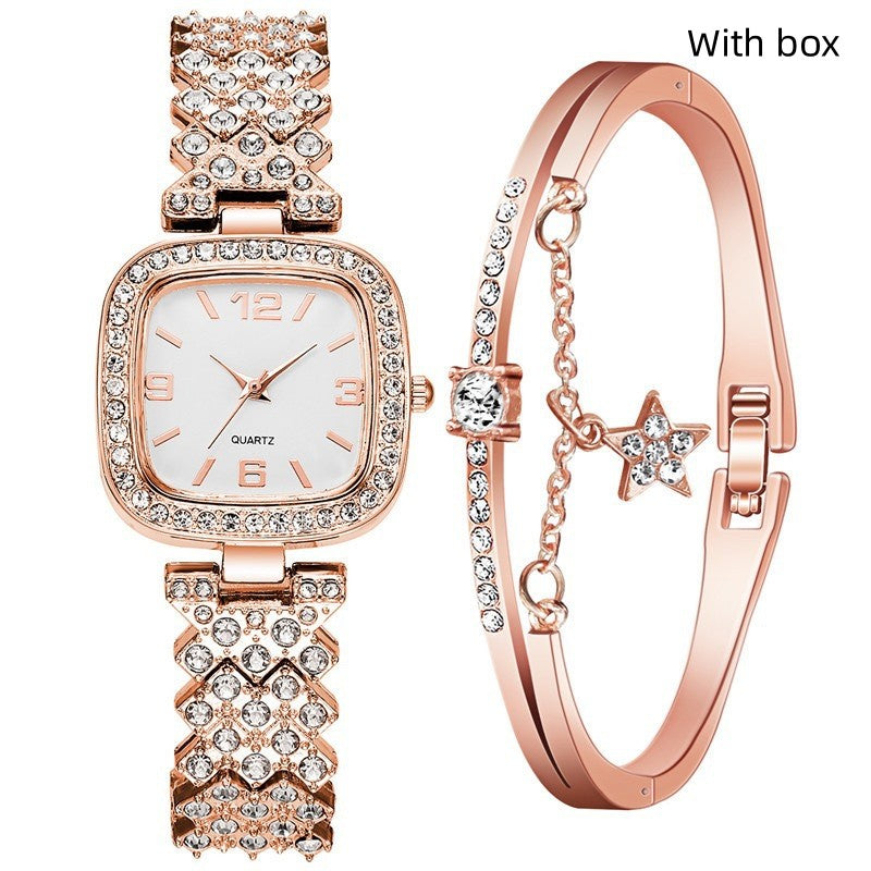 Conjunto de dos piezas de pulsera y reloj de diamantes para mujer
