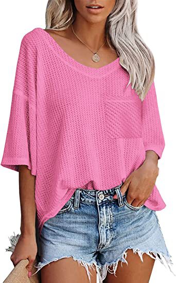 Camisas con cuello en V Mujer Verano Manga corta Tops verdes con bolsillo parcheado