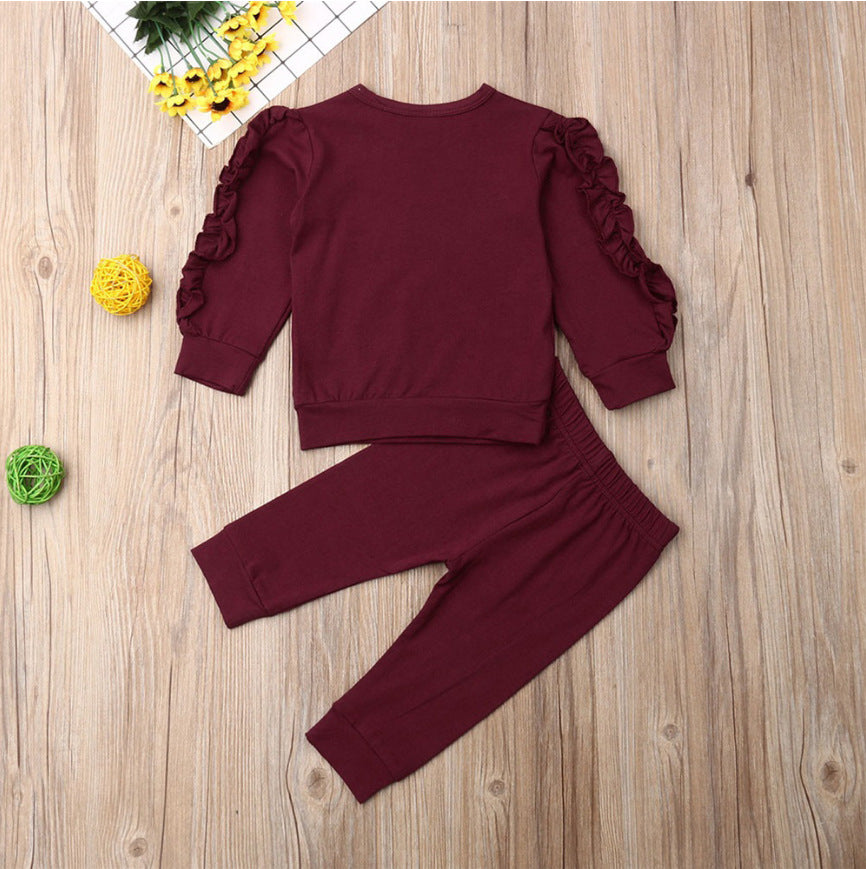 Jersey con volantes para bebés recién nacidos, sudadera de manga larga lisa, Tops, pantalones, conjuntos de 2 uds., ropa de otoño