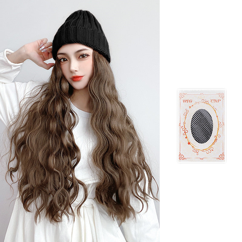 Perückenhut, integrierter Strickwollhut, langes lockiges Haar, Wasserwelligkeit