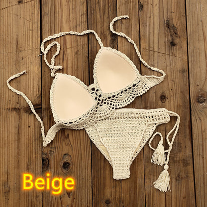 Traje de bikini de crochet hecho a mano de color sólido a la moda para mujer