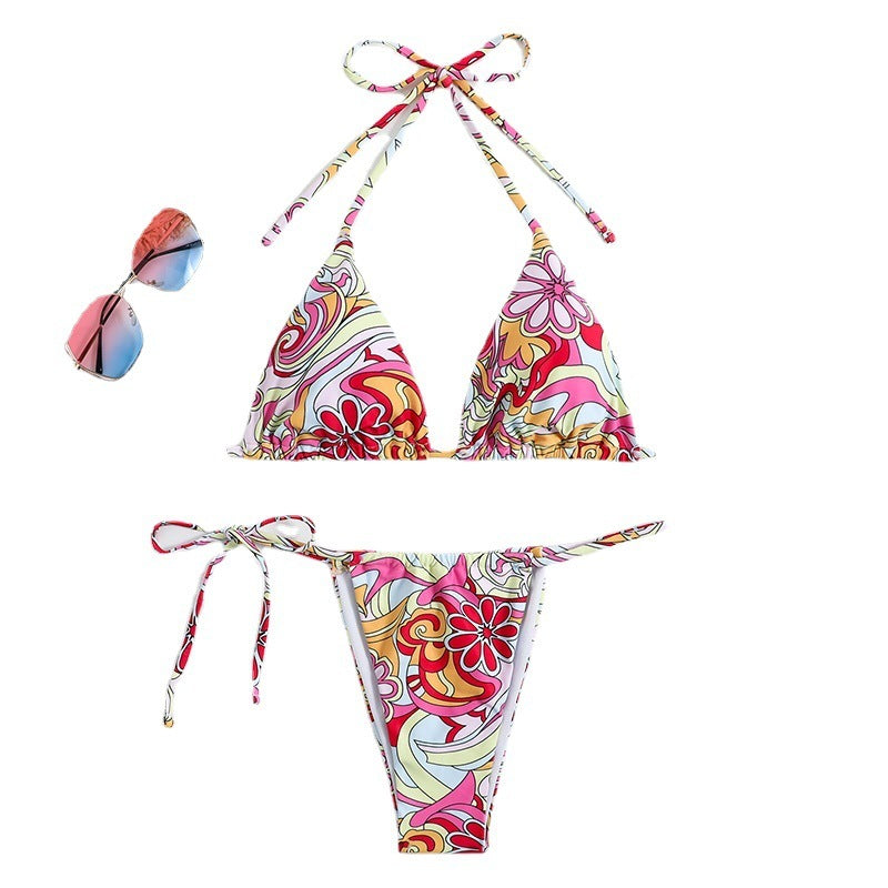 Bikini estampado de triángulo para mujer con sistema separado y traje de baño con cuello colgante