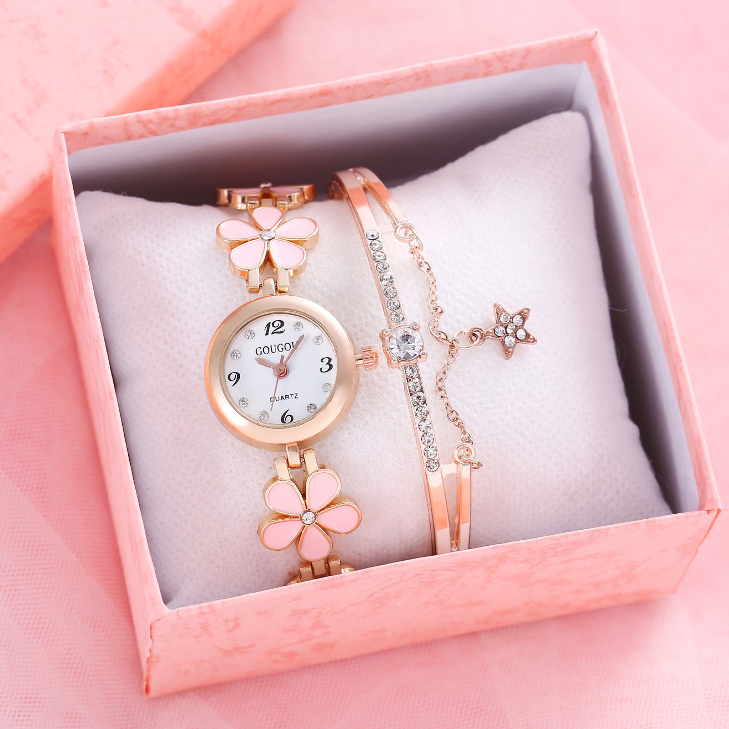 Reloj de pulsera para mujer Conjunto de pulsera de dos piezas con disco de flores