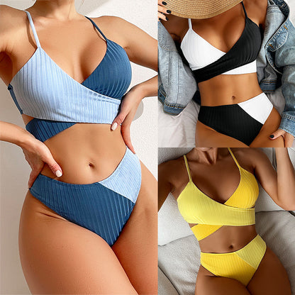 Bikini Patchwork Bademode Gerippter Damen Badeanzug Knotenrücken Strandmode Geraffter Po Biquinis Badeanzüge