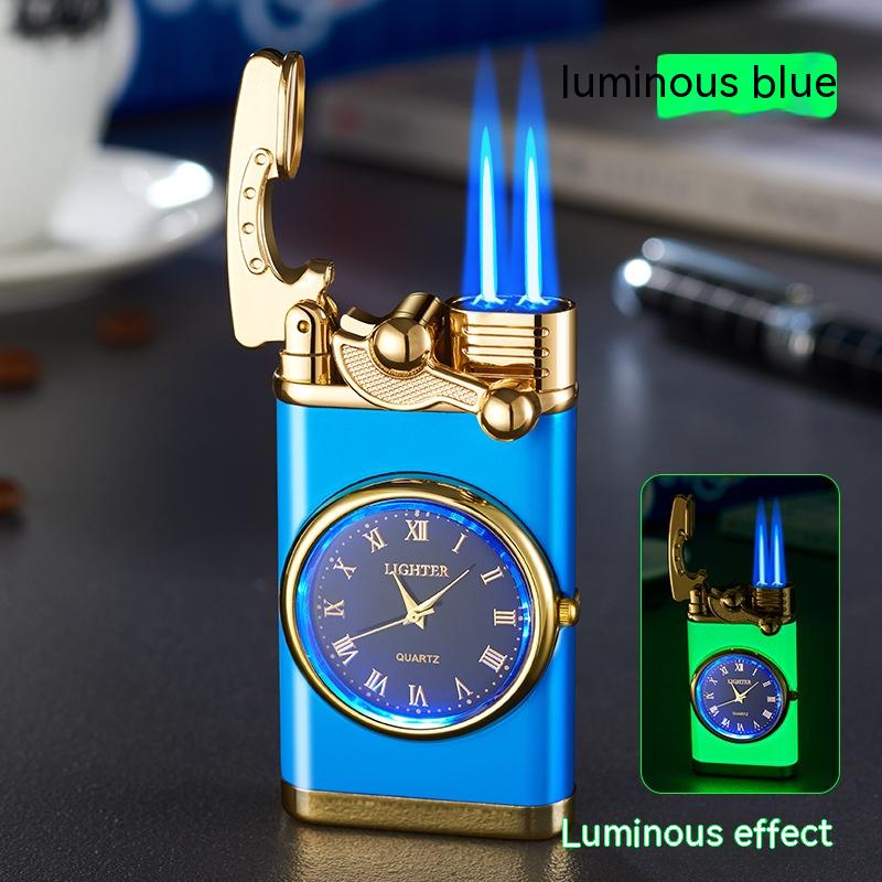 Nuevo encendedor con reloj eléctrico Brazo basculante Encendido automático Encendedor de llama azul recto Esfera real creativa Encendedor inflable a prueba de viento Reloj para hombres Regalo