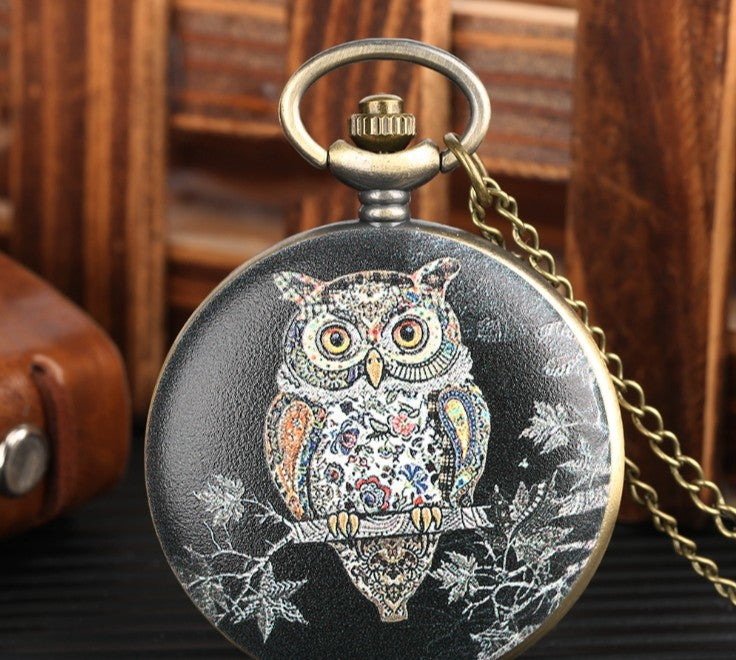 Flip Cartoon Owl Pattern Reloj de bolsillo Lindo estudiante