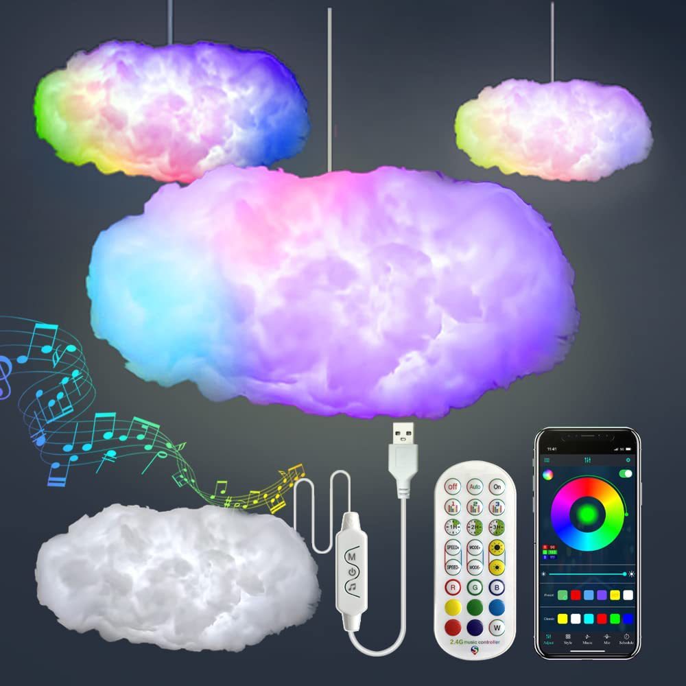Luz de nube USB, Control por aplicación, sincronización de música, luz ambiental 3D RGBIC, simulación de rayos, nubes, luz para dormitorio y habitación