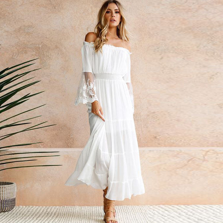 Popular Sexy off-Neck Lace Patchwork Flared Sleeves Dress Maxi Dress