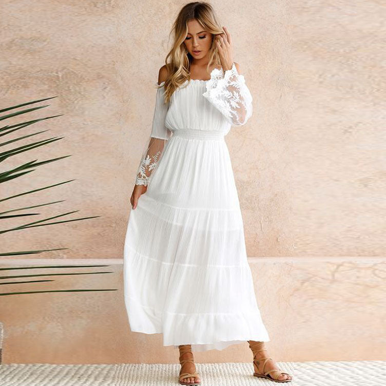 Popular Sexy off-Neck Lace Patchwork Flared Sleeves Dress Maxi Dress