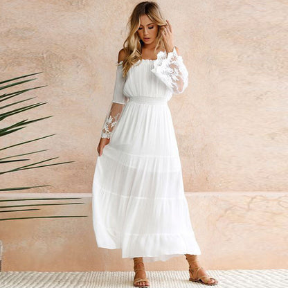 Popular Sexy off-Neck Lace Patchwork Flared Sleeves Dress Maxi Dress