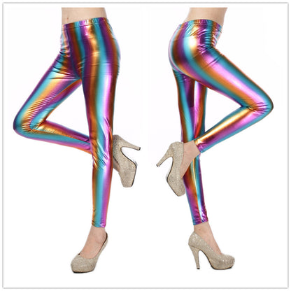 Leggings de mujer de piel sintética con degradado metálico Laser