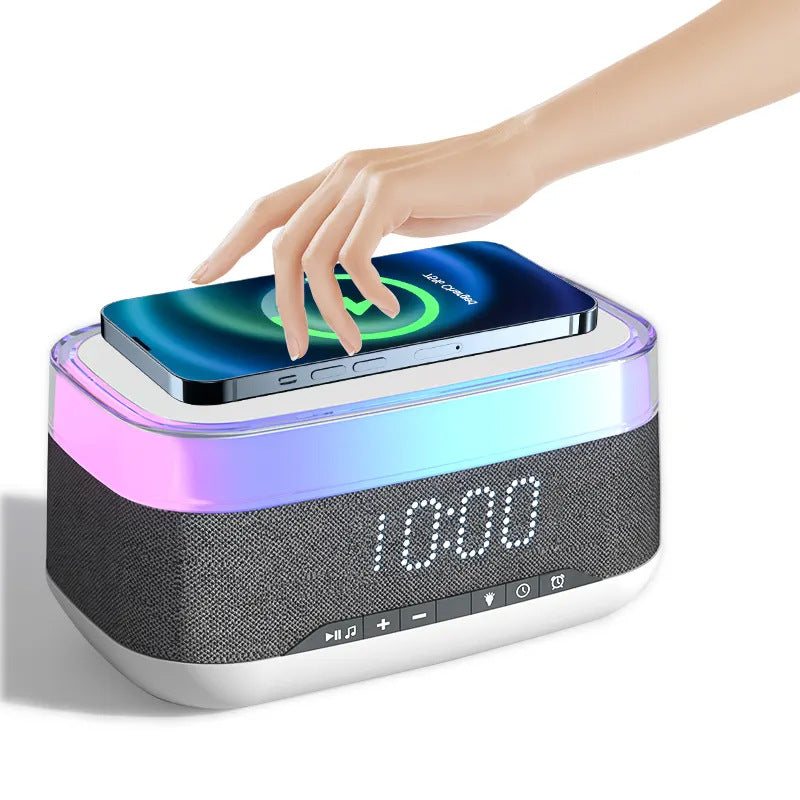 Reloj despertador multifuncional inteligente, Altavoz Bluetooth, cargador inalámbrico, reloj de carga rápida, luz nocturna de ambiente, decoración del hogar