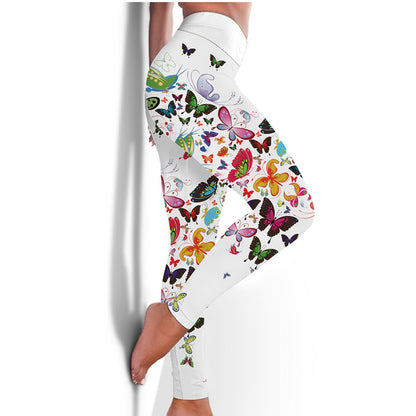 Bedruckte Leggings mit floralem Schmetterlingsmuster, hohe Taille, schmale Yogahose