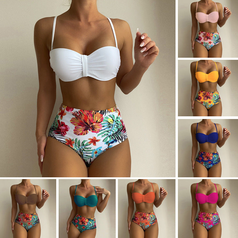Damen-Bikini-Badeanzug mit Blumendruck, Spaghettiträger, 2-teilig