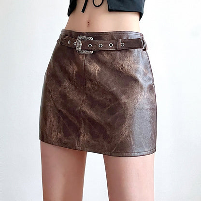 Women's Fashion Brown Vintage Tie-dye Leather Skirt