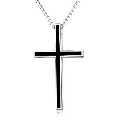 Herren-Halskette mit schwarzem Kreuz-Anhänger, 925er-Sterlingsilber, klassische Kreuz-Halskette