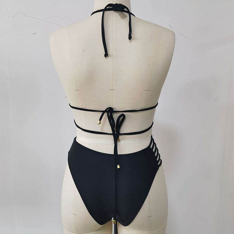 Conjunto de traje de baño de dos piezas con cuello halter y estampado de leopardo para mujer, traje de baño con correa recortada, ropa de playa de verano