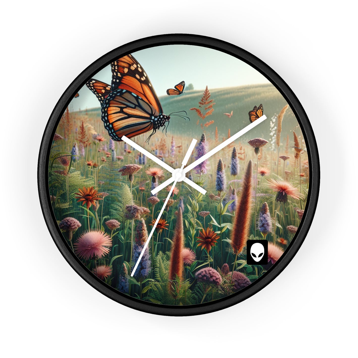 "Ein Monarch auf einer Wildblumenwiese" - Die Alien-Wanduhr im Realismus-Stil