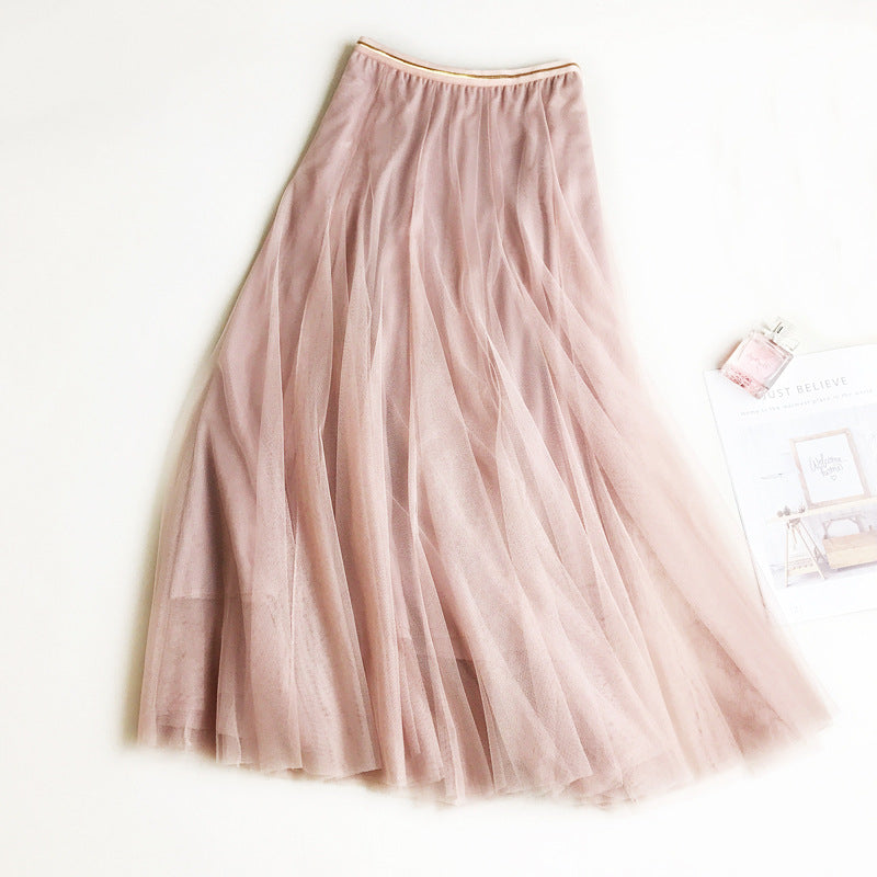 High Waist Slimming Expansion Skirt Long Skirt Mesh A- line Korean Mid-Length Skirt Skirt