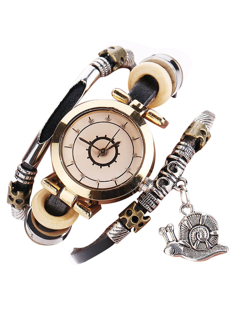 Vintage-Armbanduhr für Damen, Wickeluhr aus Leder mit Schneckenanhänger