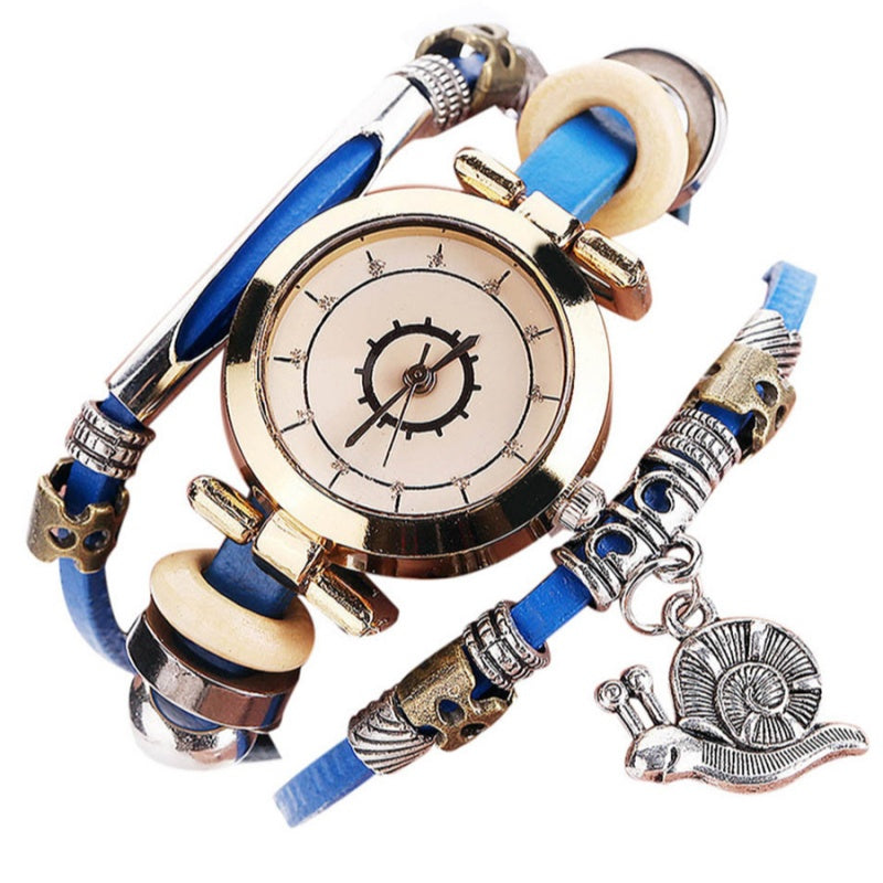 Reloj de pulsera vintage para mujer Reloj de cuero enrollado Colgante de caracol