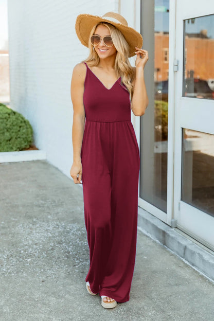 Summer Knitted Office Pocket V Neck Solid Color Women Jumpsuit