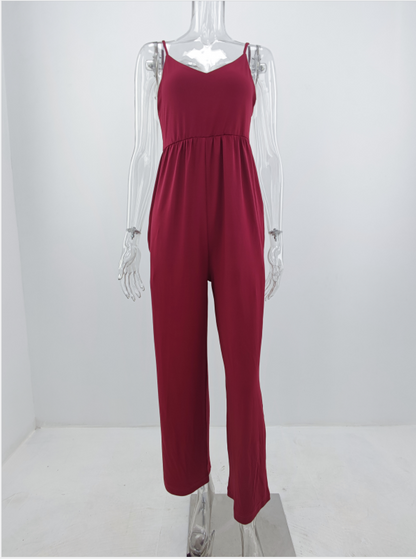 Summer Knitted Office Pocket V Neck Solid Color Women Jumpsuit