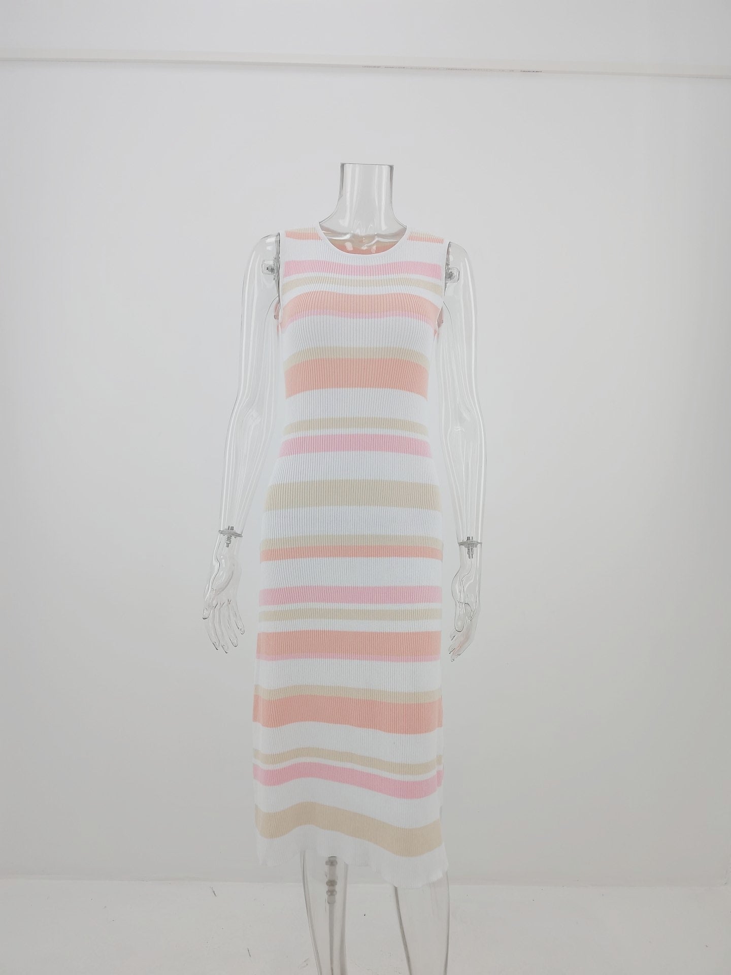 Spring Summer Dress Slim Sleeveless Splicing Pullover Striped Knitted Dress