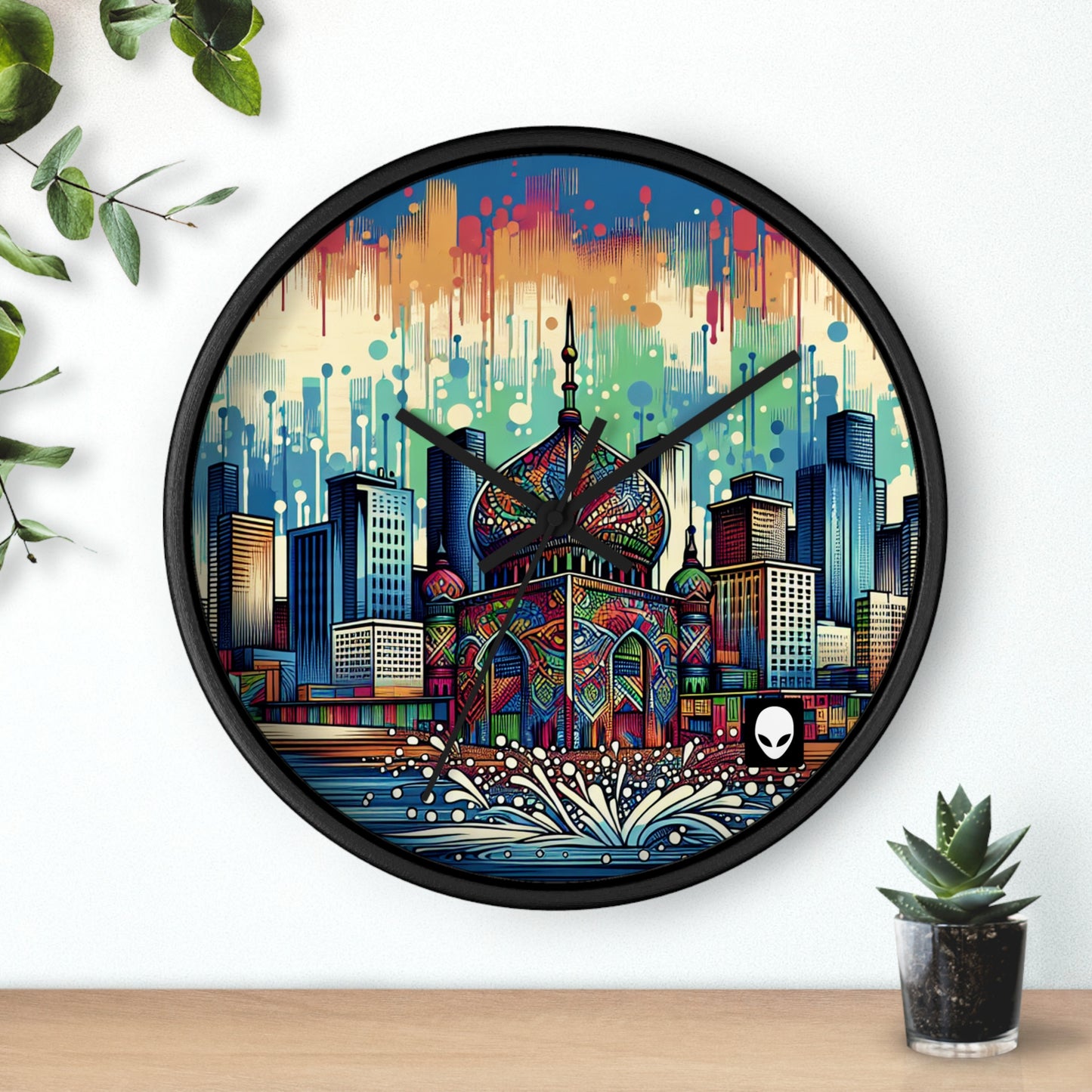 "Bright City: Ein Farbtupfer in der Skyline" - Die Alien Wanduhr im Street Art / Graffiti Style