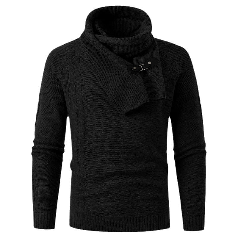 Men's Long-sleeved Scarf Detachable Slim Round Neck Pullover Knitted Sweater