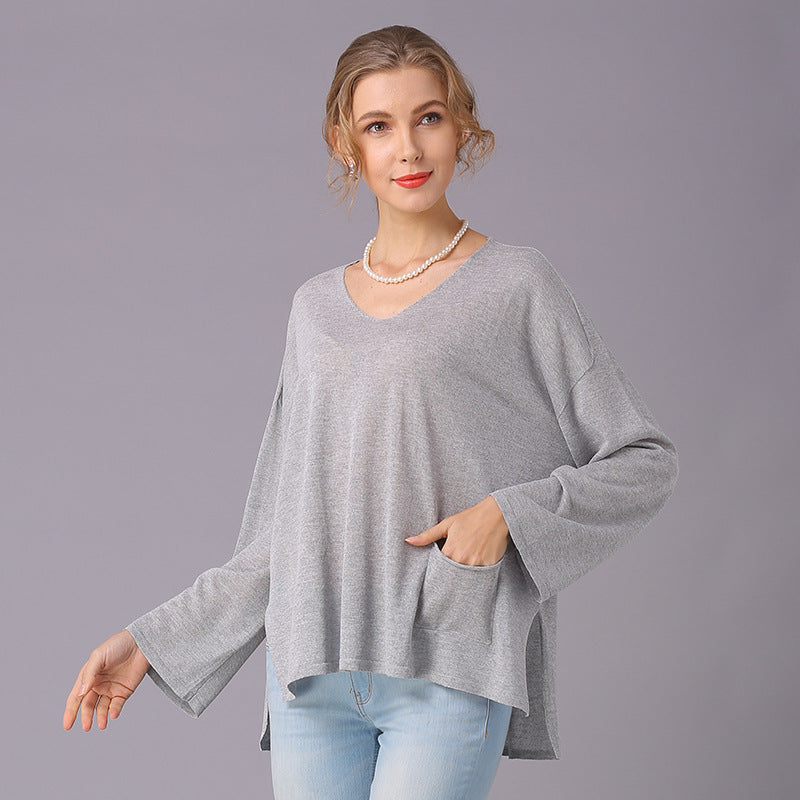 Sweater Spring Summer V-neck Sweater Women Long Sleeve Needle Thin Solid Color Pullover