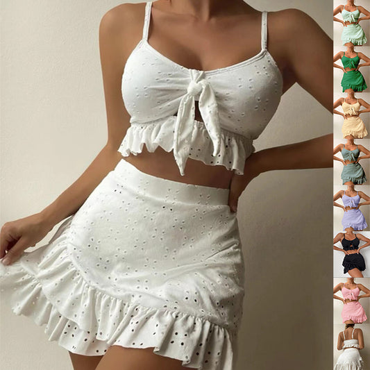 Bikini de playa de 3 uds con falda que abraza la cadera, conjunto de traje de baño con diseño de volantes, ropa de verano para mujer